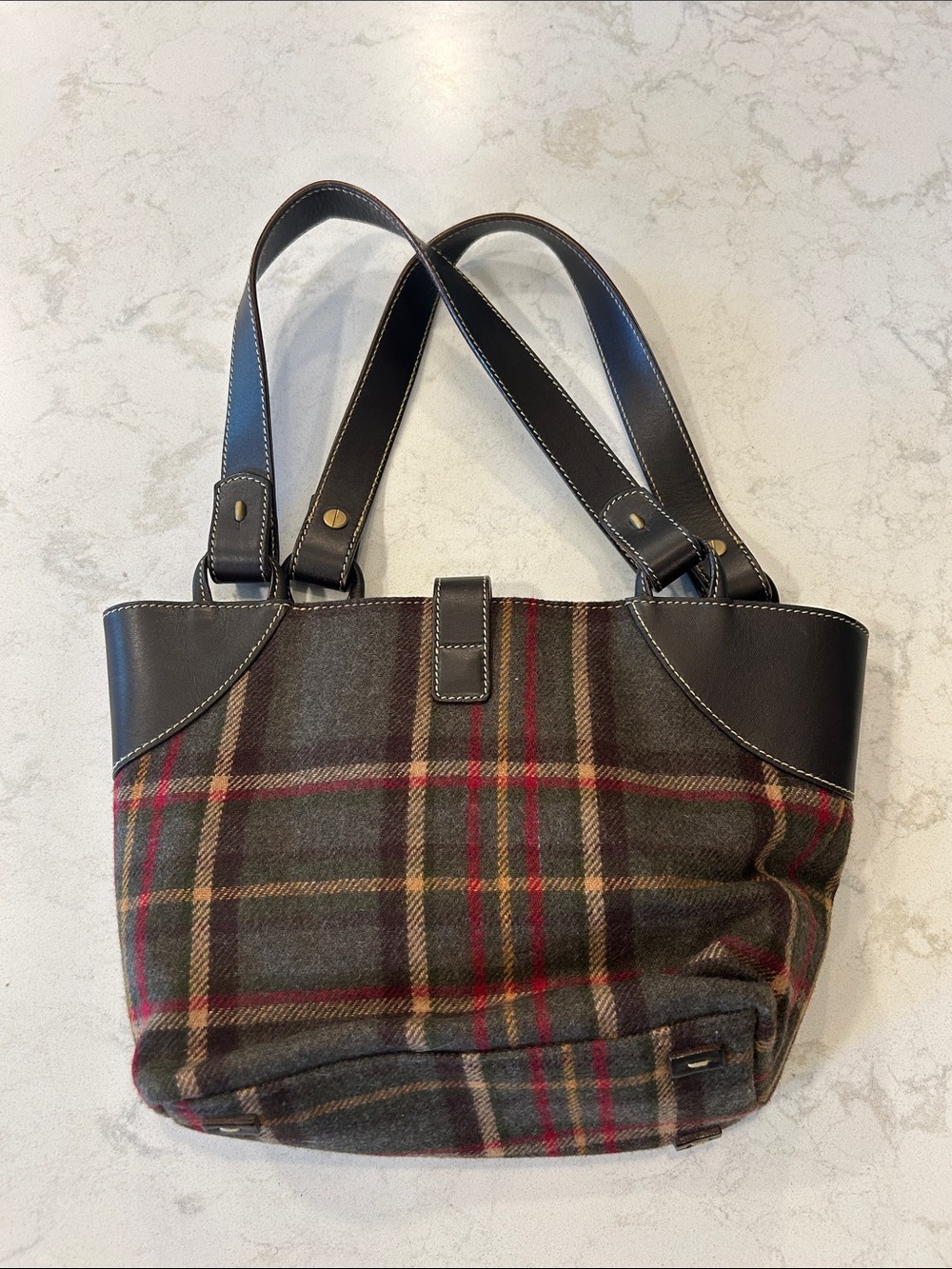 VTG Lauren Ralph Lauren Plaid Hobo Dark Brown Leather Trim Equestrian Preppy Y2K - Picture 5 of 13